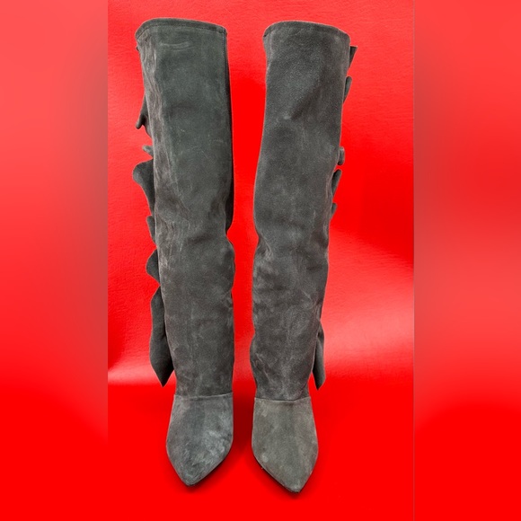IRO Cidravol gray suede ruffle trimmed knee boots size 37 - Picture 5 of 15